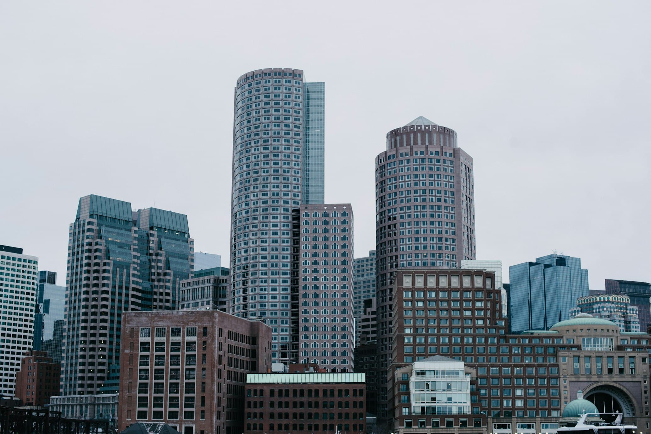 A downtown skyline of mixed high-rise buildings