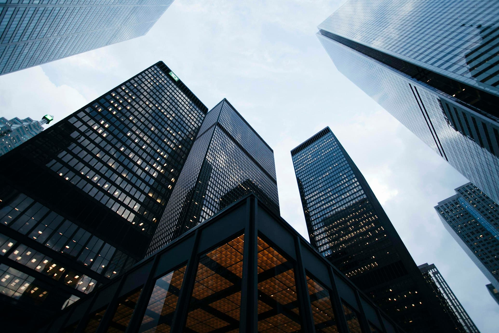 Downtown high-rise office towers seen from street level