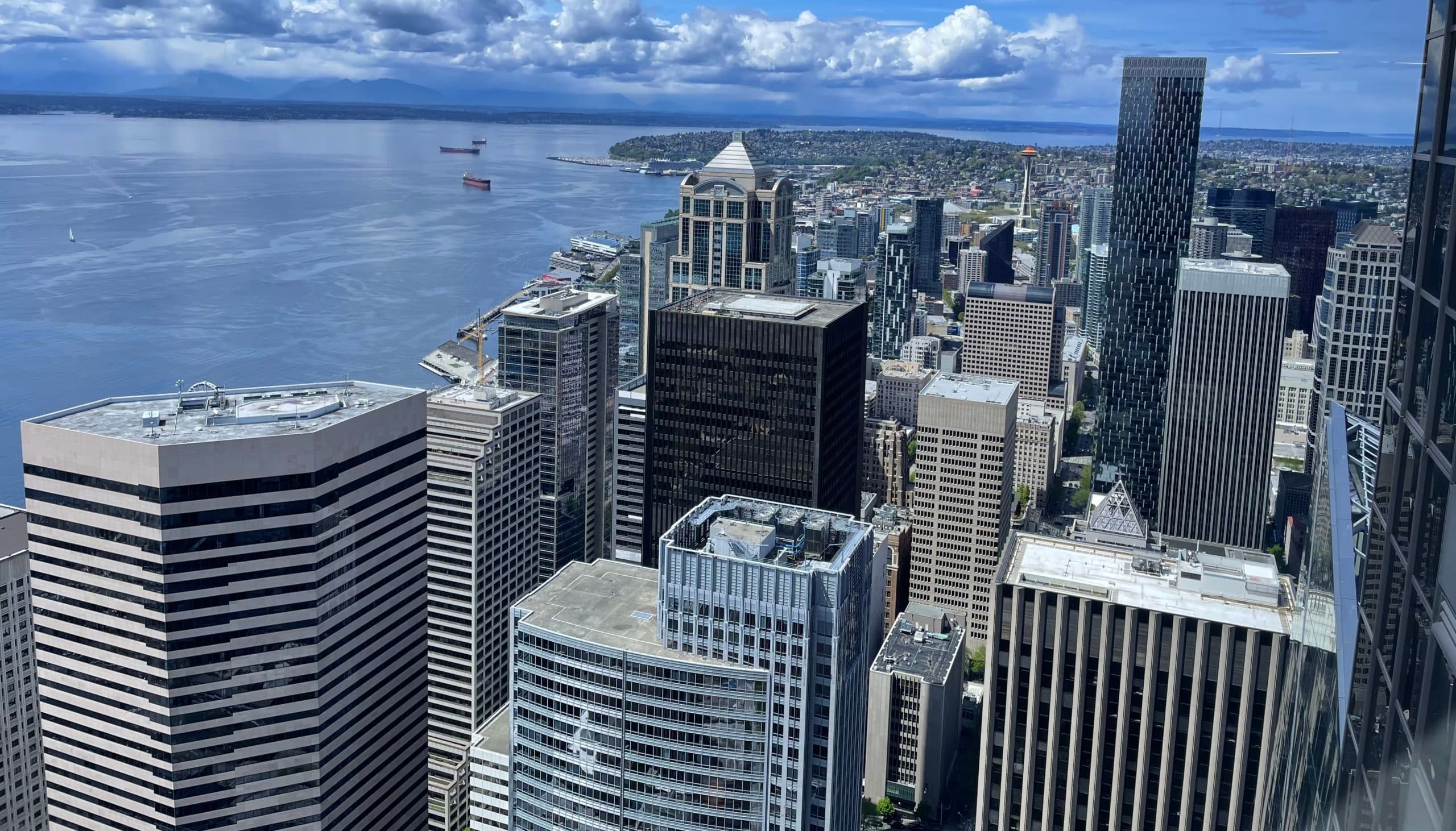 Aerial view of the Puget Sound waterfront and downtown skyline